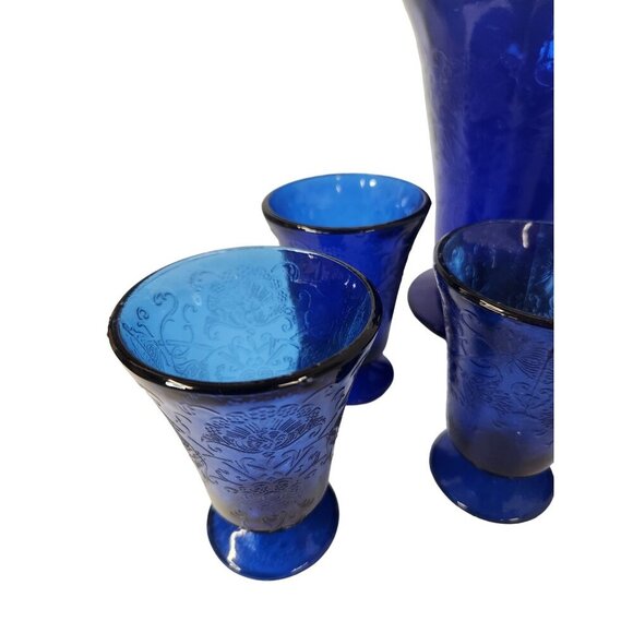 Vintage Cobalt Blue Glass Pitcher Set Florentine 2 Upper Deck 5 Piece Taiwan Emb - Picture 16 of 16
